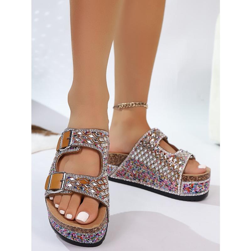 Thick-soled Rhinestone European and American Sandals 2025 Summer Plus Size Belt Buckle Soft-soled Flip-flops Women