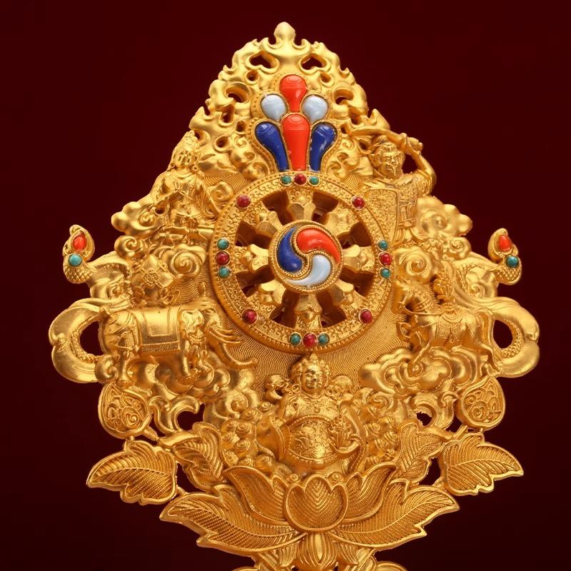 Buddhist Dharma-Chakra,Engraving Golden Alloy Eight Auspicious Tantric Falun ,Tibetan Altars Religious Item Decorative,25cm,1Pcs