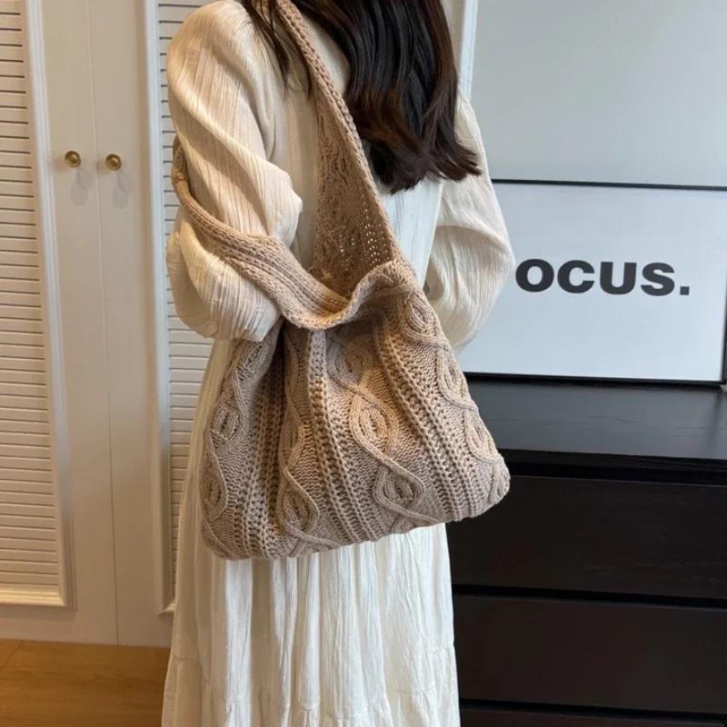 Wool Knitted Shoulder Shopping Bag for Women Vintage Cotton Cloth Girls Tote Shopper Bag Large Female Handbag Crochet Bag