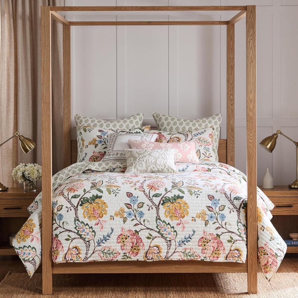 Floral Dusty Rose Quilt Set - Twin Size with Standard Sham - Ochre, Blue, Green, Brown Tones - Bedding Ensemble