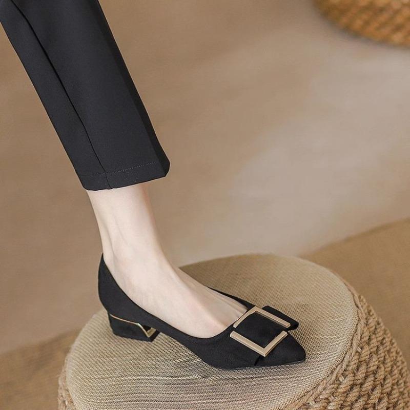 

Pointed thick heel single shoes women s middle heel autumn new light mouth soft sole suede professional work black high heels 41 чёрный