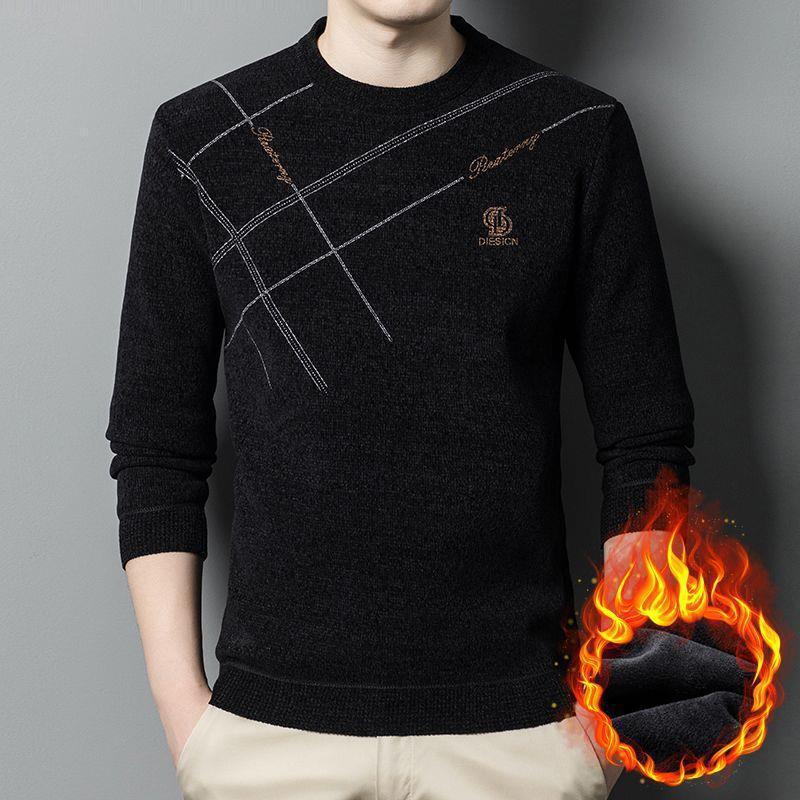 Winter Men's Crewneck Long Sleeve Sweater New Men's Chenille Plus Fleece Knit Sweater Men's Casual Men's Undercoat