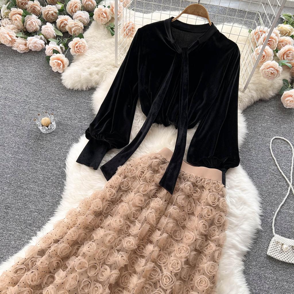 Korean Three-Dimensional Flower High Waist Slim Skirt Loose Bubble Sleeve Velvet Top Sweet Suit Skirt Two-Piece Set