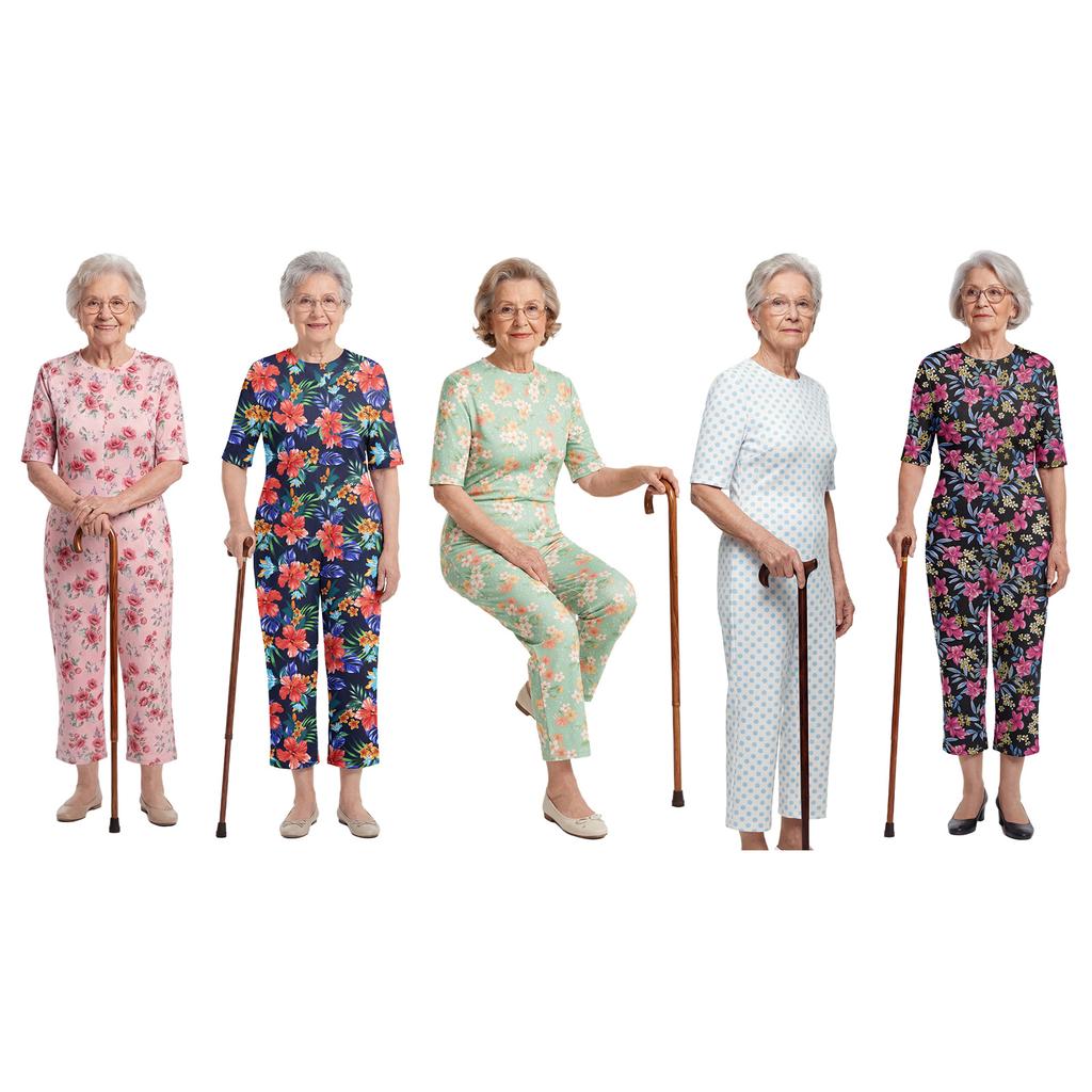 Salopetă anti-cădere pentru femei S-3XL: Salopetă cu imprimeu floral, cu mânecă scurtă și fermoar la spate, pentru îngrijirea persoanelor cu boala Alzheimer și demență