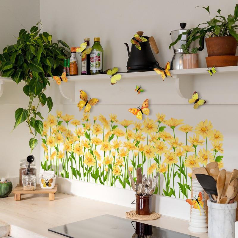 New Green Plant and Yellow Flower Butterfly Wall Stickers Ins Living Room Background Wall Room Decoration Wall Paper Self-adhesive