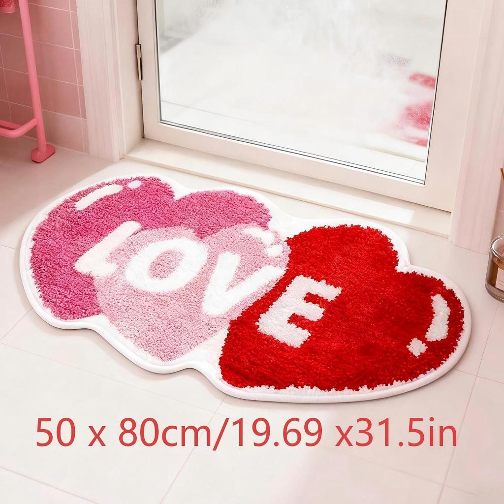 1PC Valentine's Day Heart-shaped Floor Mat - Soft, Anti-slip, with Red and Pink Heart-shaped Patterns and the Word "LOVE"