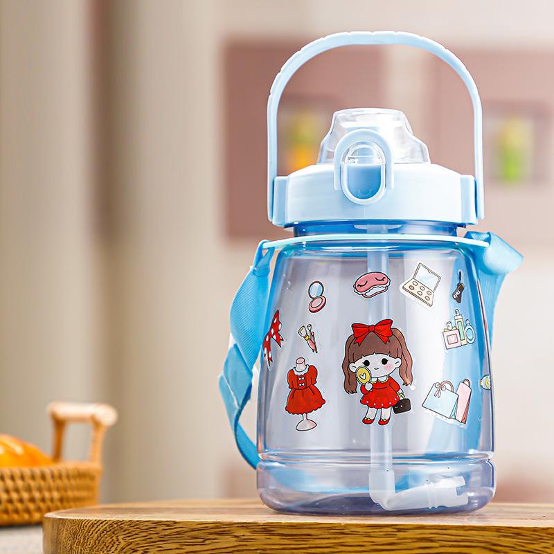 

1200ML Cute Water Bottle With Straw Stickers Big Belly Cup Large Capacity Sports Bottles Water Jug One Button Lid Kettle синій