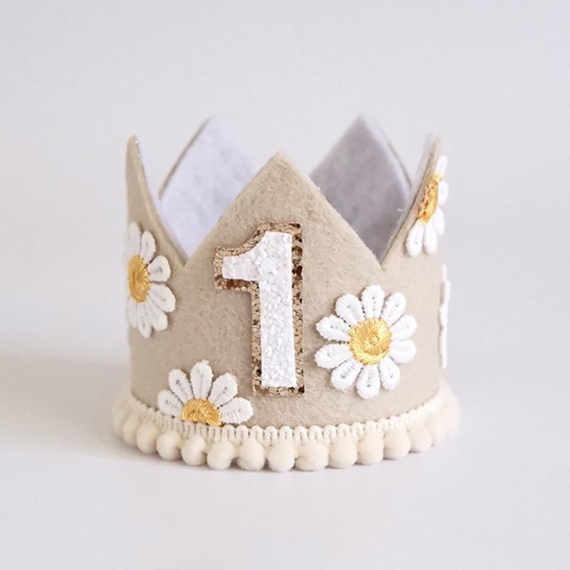 1pc Daisy Pattern Pink Crown Hat 2025 Princess Baby 1st Happy Birthday Photography Props Shower Decorative Party Product