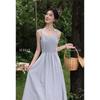 Lu Xiangnan Pleated Hazy Blue Sleeveless Camisole Long Dress