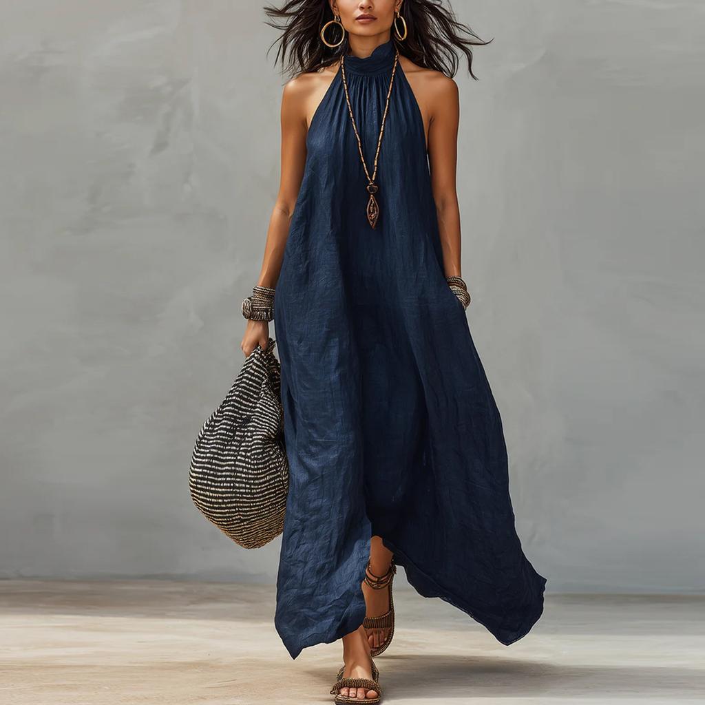 Damen Farb-Hals-Maxikleid für Freizeit