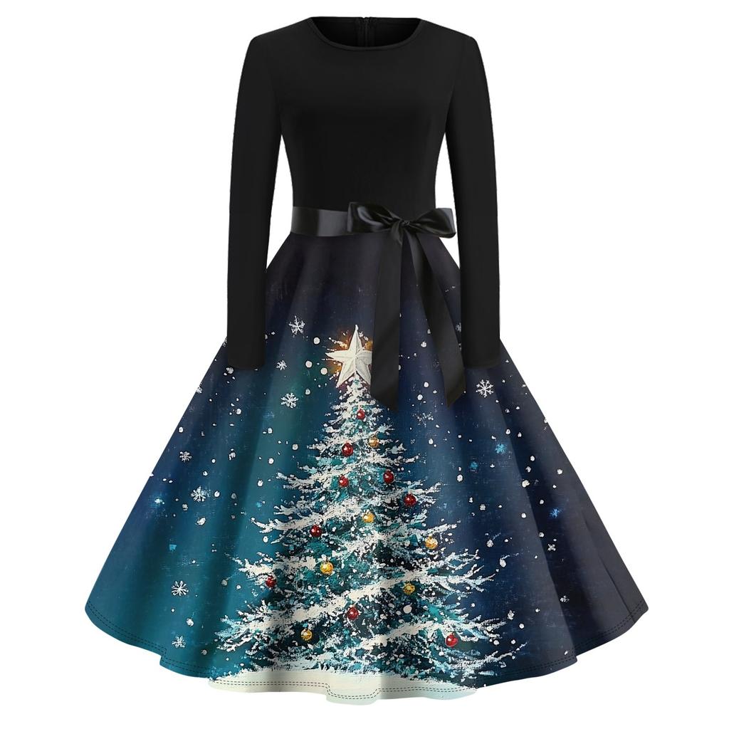 Damen Vintage Classic Kleid Langarm Weihnachtsdruck Rundhals Swing Kleid
