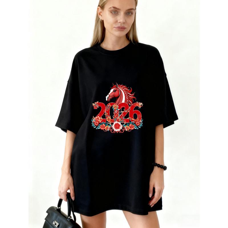 Oversized T Shirt Black Horse 2026 Chinese New Year Floral Design Casual Wear For Women