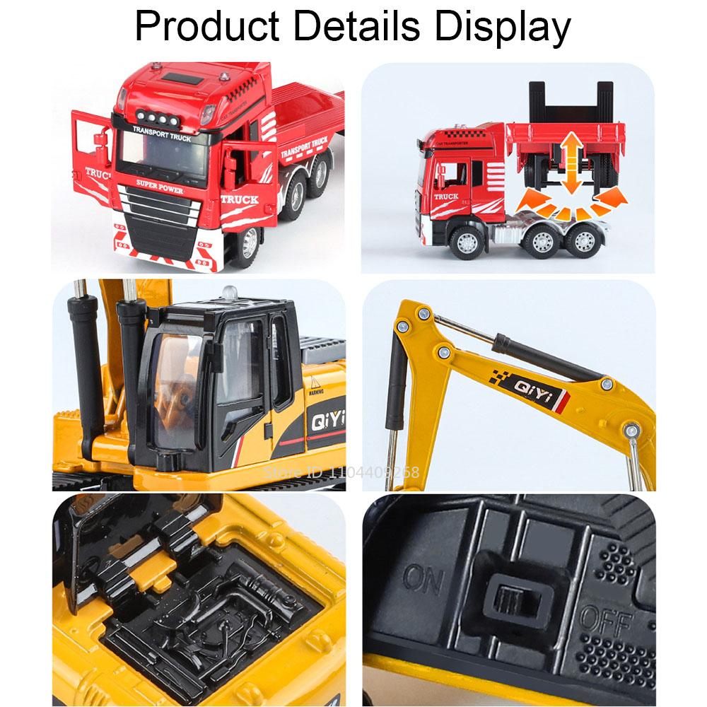 1:48 Flatbed Car Excavator Model Toy Alloy Body Movable Joint Music Light Sliding Engineering Vehicle Models Hobby Ornaments