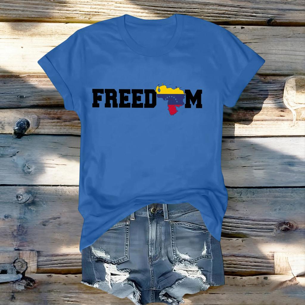 Women's Fashionable Round Neck Casual Retro Print Short Sleeved T-shirt Top