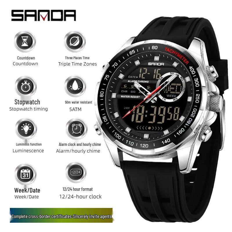 Sanda Men s Waterproof Dual Display Multi-Function Watch with Timer, Snooze, and Night Light.