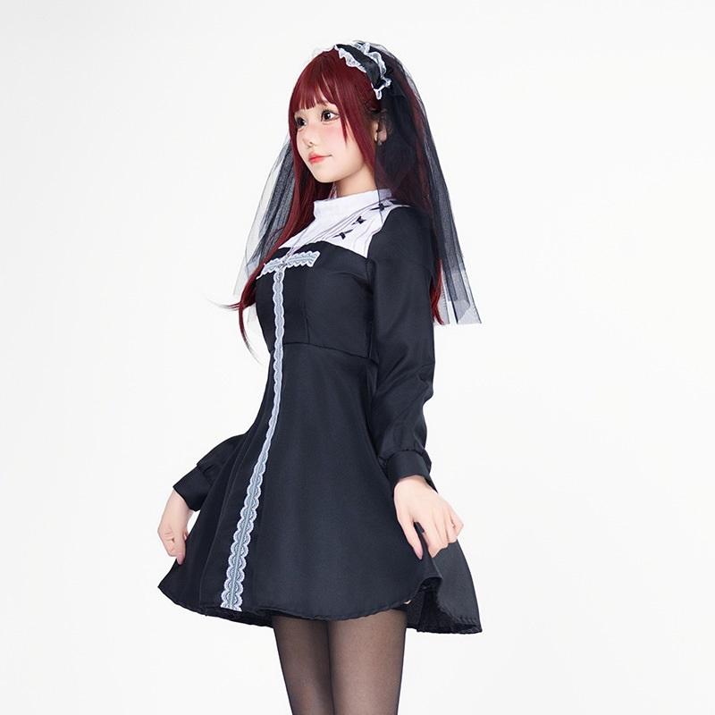 Gothic Bride Halloween Costume Dark Witch Nun Vampire Outfit With Cross For Halloween Party Ghost Performance