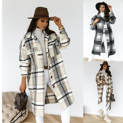 Women Autumn Winter Plaid Woolen Overcoat Long Jacket Coat  Elegant Ladies Outerwear