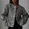 Blazer di Tweed con Paillettes Girocollo da Donna Cappotto con Perline Ricamate Elegante Giacca a Maniche Lunghe da Ufficio Nuova Moda Primavera e Autunno