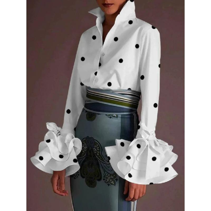 JKASHDK Women's Fashion Casual Spring Autumn Solid Color Print Long Sleeve POLO Neck Blouses & Shirts