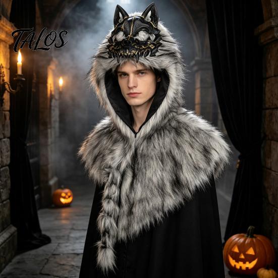Černozlaté Vikingové Doplňky Šála s hlavou vlka, Plášť s kapucí z umělé kožešiny pro kostým Script Killing, Halloweenský Cosplay Párty Scéna