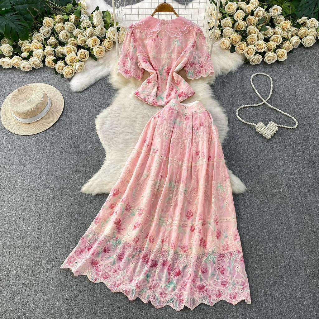 Elegant 2 Piece Set Women Summer Spring Floral Print Embroidery Prom Evening Party Long Dress Suits Crop Top Skirts Suits