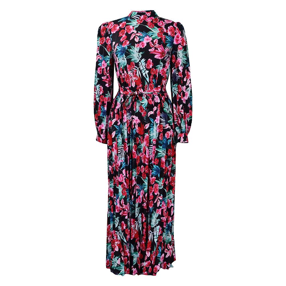 

Макси-платье с плиссированной завязкой с африканским принтом – Высокий воротник, Длинный рукав, Круглогодичный стиль S чёрный