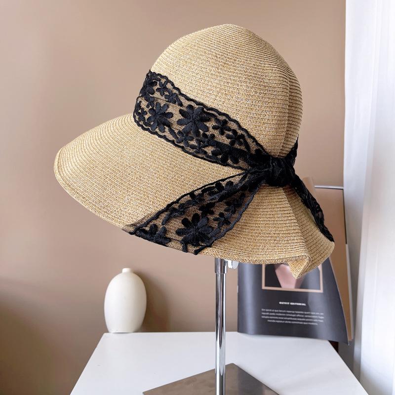 Summer Hat Women Lace Ribbon Bow Brimmed Sunshade Bucket Hat Lady Folding Sun Hat Beach Accessories Sunscreen Travel New Sunhat