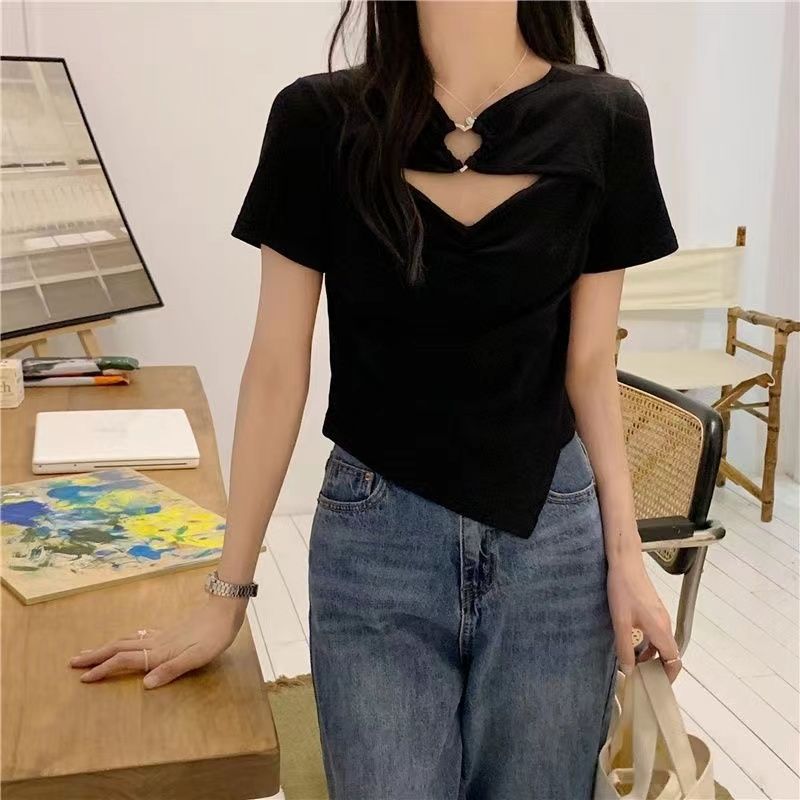 

Женские топы с короткими рукавами, большие размеры, сексуальный нишевый дизайн, полые топы, тонкие короткие однотонные топы с коротким рукавом 4XL чёрный