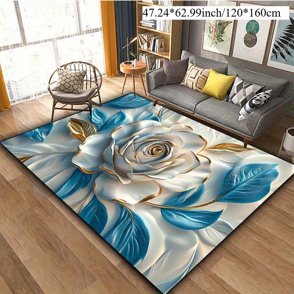 Flannel Printed 3D Rose Rug Blue Gold Accents Soft Fleece Floor Mat Living Room Carpet Elegant Decor Floral Art Rugs