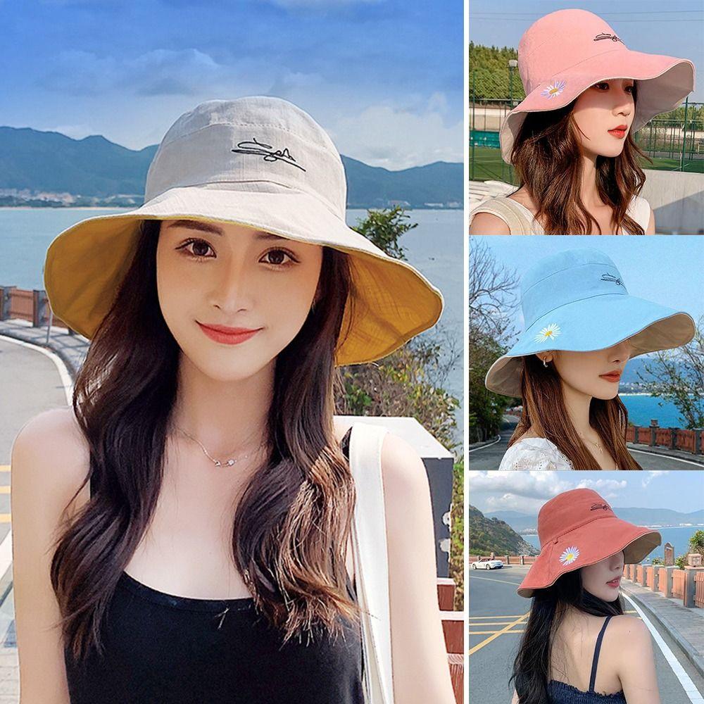 

Reversible Daisy Bucket Hat Cotton Panama Hat Fashion Beach Sun Cap Summer кавовий