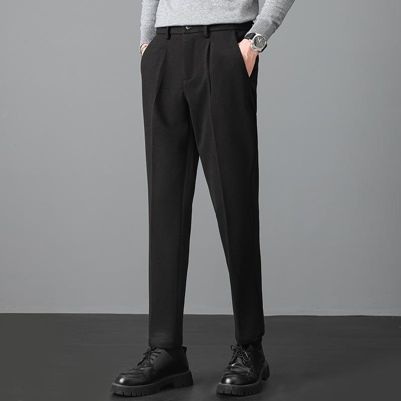Light luxury winter woolen trousers men's casual pants men's slim straight trousers British elastic casual trousers nine points