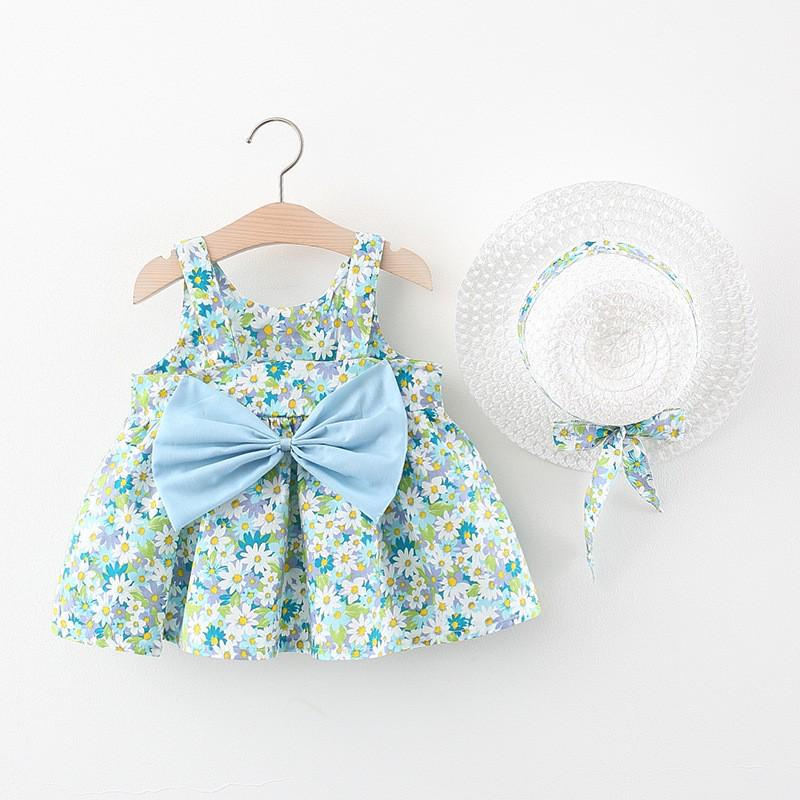 A749 Summer Baby Girl Princess Dress with Big Bow & Flower Skirt, Includes Hat, for Ages 1-4