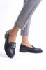 Women's Fashion Genuine Leather Thick Heeled Loafer Navy Blue Buckle Lofer Shoes