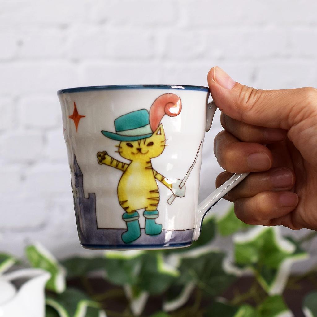 Waza No Kura Stylish Kutani Ware Mug with a Puss In Boots Design. Made In Japan. A Perfect Gift for Birthdays, 60th, 70th, 77th, and 88th Birthdays.