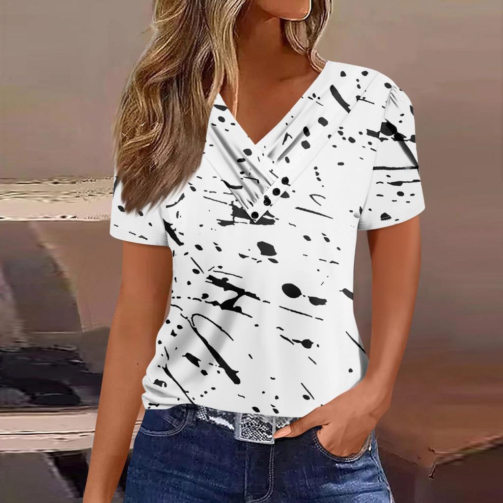 Women's T Shirt Tee Casual V-neck Short-sleeved T-shirt Printed Button Top