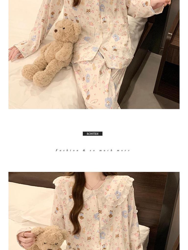 Women's Cartoon Lace Peter Pan Collar Cotton Pajamas - Long Sleeve, Spring/Fall, Winter Style