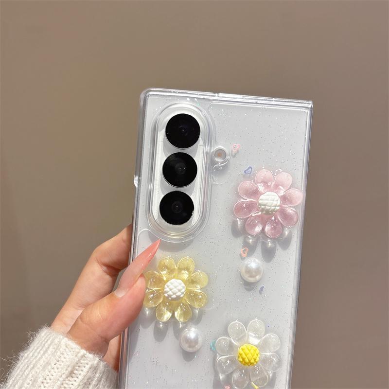 3D Daisy Flower Glitter Clear Case For Samsung Galaxy Z Fold 7 6 5 4 Cute Floral Pearl Shockproof Cover With Pink Beads Wrist St