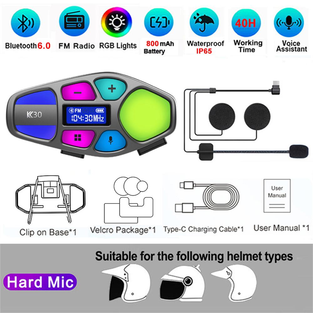 K30 Motorcycle Helmet Bluetooth 6 Headset FM Radio Stereo Earphone Waterproof Handsfree Headphone Voice Control Noise Reduction