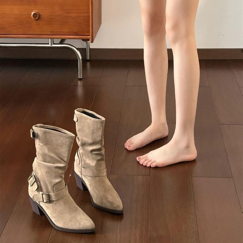 Boots Short Boots Women's Summer Thin Medium Knight Boots Suede Frosted High Heel Western Cowboy Boots