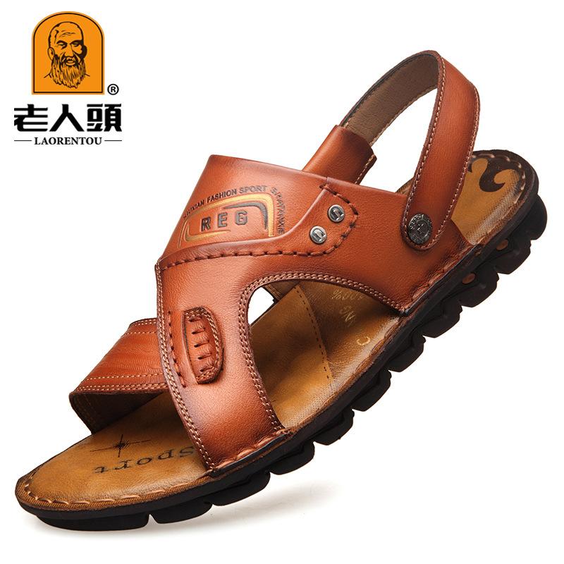Old man head sandals men's 2024 summer new first-layer cowhide casual beach shoes genuine leather thick-soled non-slip cool slippers
