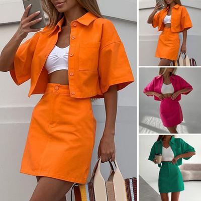 2Pcs/Set Women Shirt Skirt Set Lapel Short Sleeve Buttons Placket Shirt High Waist Short Skirt Set Solid Color Outfit