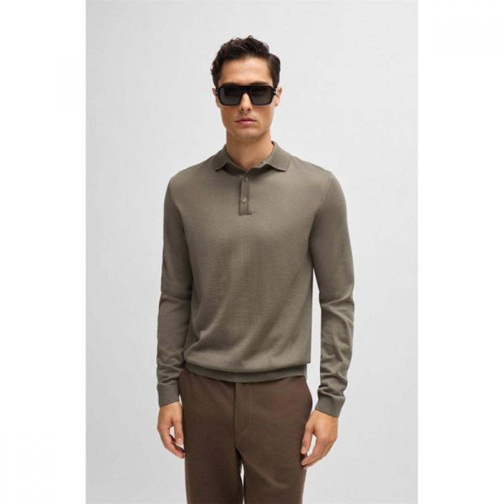 Boss Slim Fit Virgin Wool Knit Sweater Open Green Polo Collar L