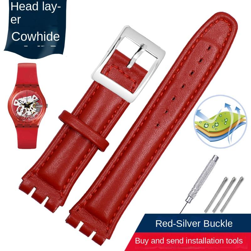 Echtes Lederarmband für Swatch YRS YCS Uhrenarmband Schlicht 17mm 19mm Armband Gürtel Damen Mann Rindsleder Uhrenarmband Zubehör 19mm red