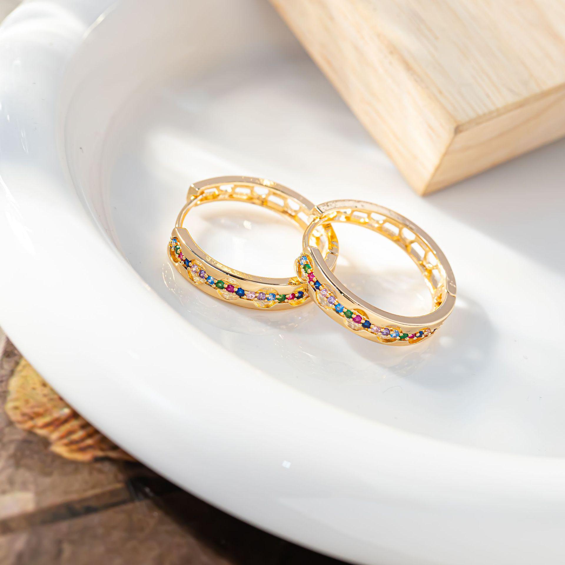 Hong Kong Style Hexagon Geometric Earrings with Multi-colored Micro-set Diamonds