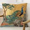 Funda de Cojín Decorativa 2D Plana - Pavo Real con Lámina de Oro Vintage Estilo Asiático Funda de Cojín Vida Silvestre del Jardín