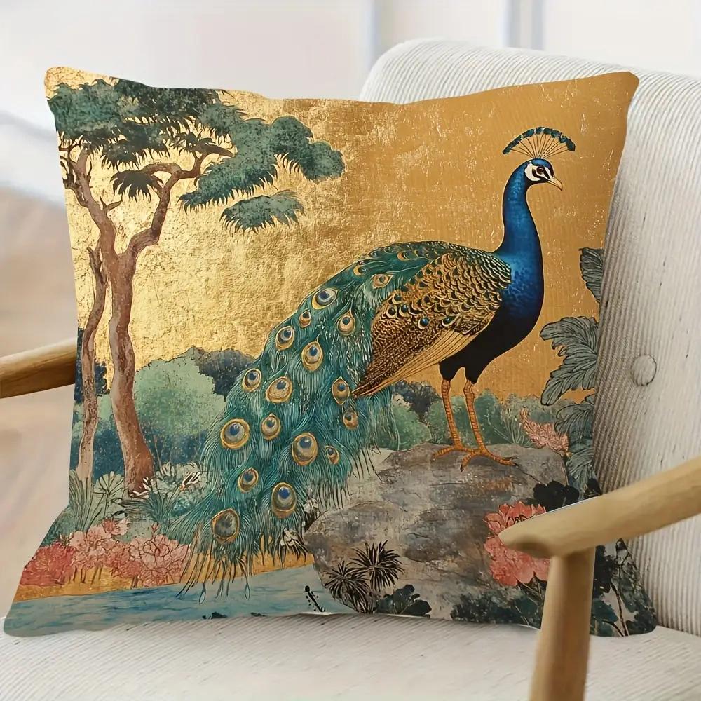 Funda de Cojín Decorativa 2D Plana - Pavo Real con Lámina de Oro Vintage Estilo Asiático Funda de Cojín Vida Silvestre del Jardín