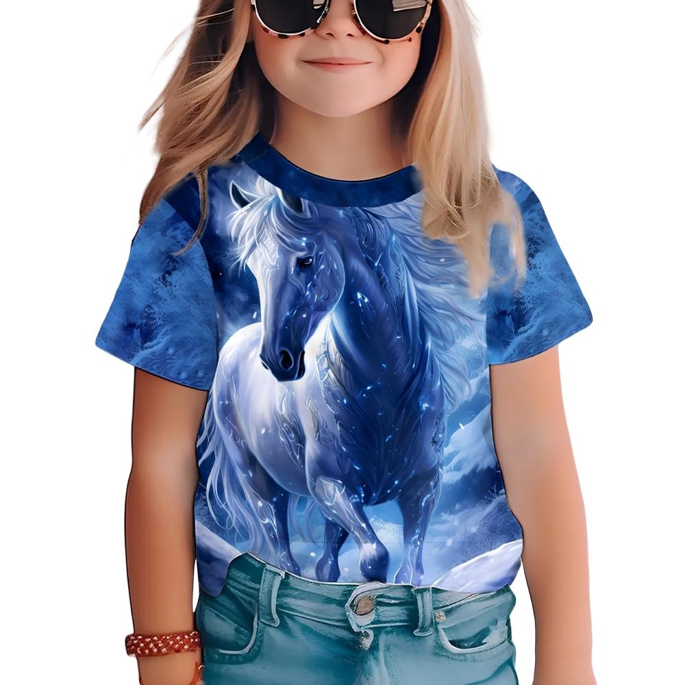 Fashion Girl Horse T-shirt Animal 3D Printing T-shirt Girl Summer Outfit Short Sleeved Top T-shirt Cute Girl Clothing