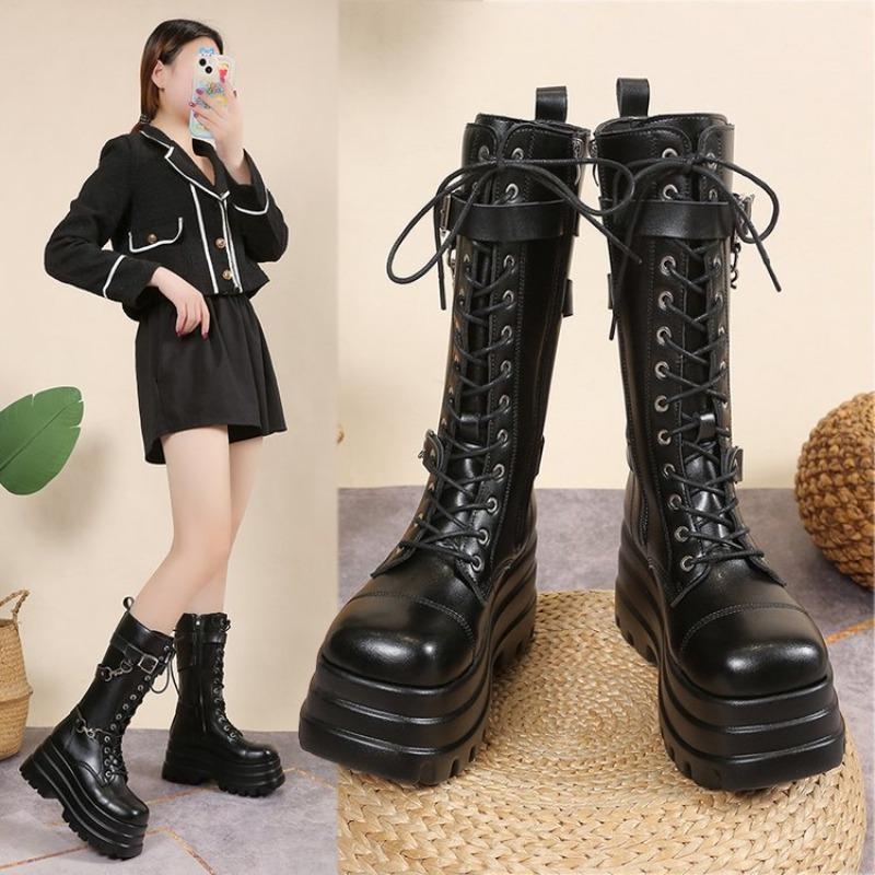 New punk style thick bottom heightening medium tube women's boots knight boots women