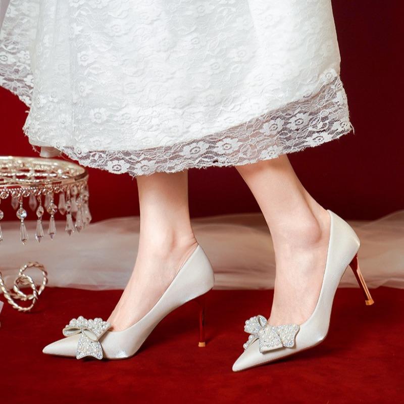 Fashion Women High Heel Shoes Elegant Fad Pointed Tip Fine High Heels Women Water Diamond  Pearl Bow Banquet Wedding Shoes Zapatos Mujer