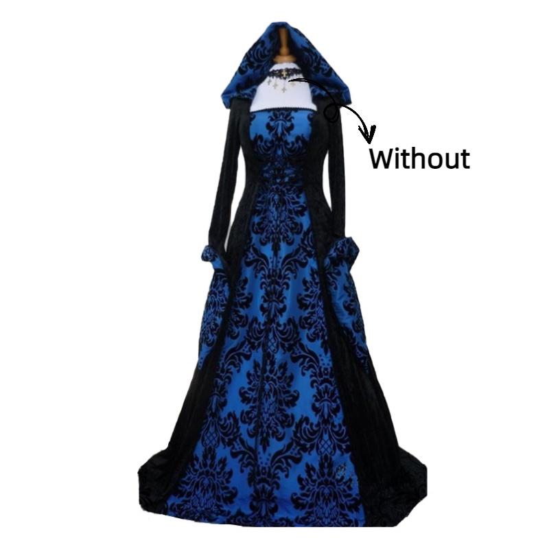 

Women Banquet Medieval Hooded Dress Floral Print Long Sleeves Waist Drawstring 2XL синій